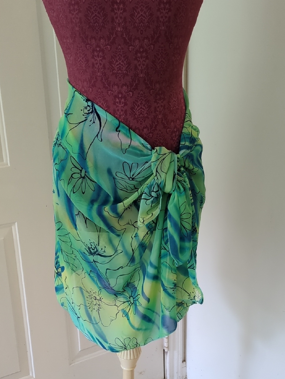 Green Floral Tie-Side Swim Cover-Up Sarong